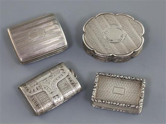 Four assorted 19th century silver vinaigrettes including satchel by John Shaw, Birmingham, 1816, largest 39mm.